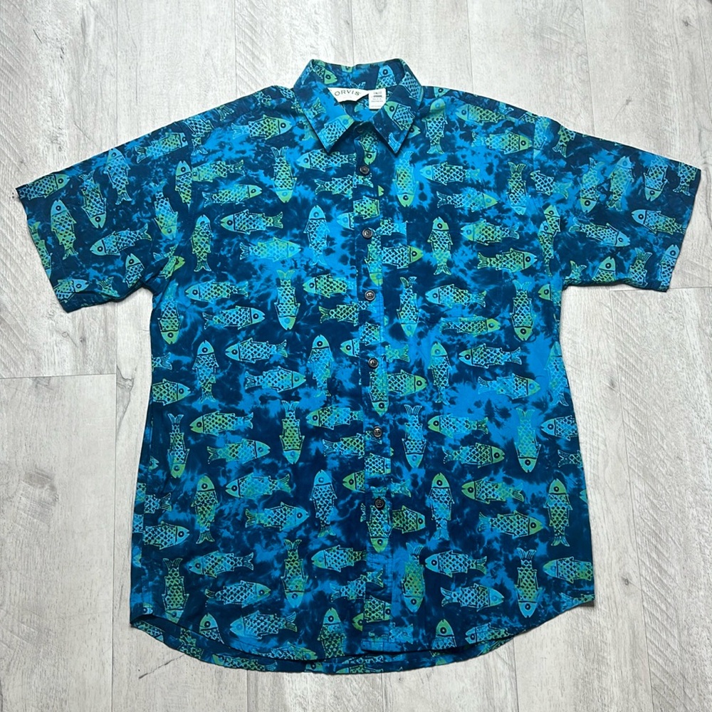 Vintage Orvis Short Sleeve Button Down Fish Print Men size Large Blue and Green